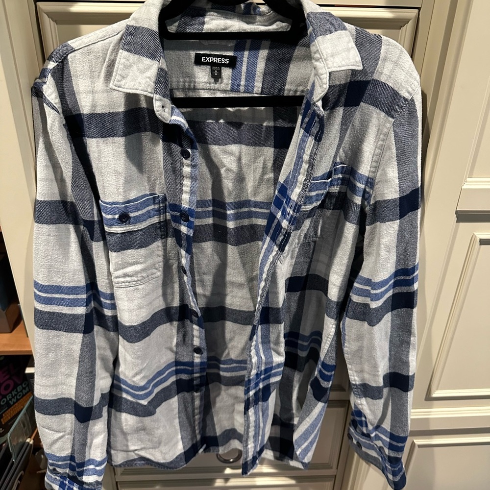 Express Navy and Light Gray Plaid Shirt Medium